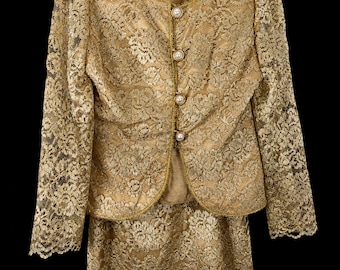 Vintage 1980s J. Benjamin Gold Lace Skirt Suit, Metallic Lurex Two Piece Formal Mother of the Bride USA Made