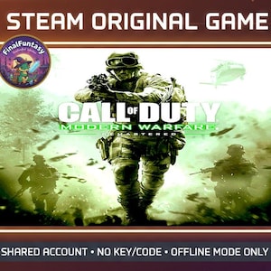 Może przedstawiać: Obraz promocyjny gry wideo "Call of Duty: Modern Warfare Remastered". Centralną postacią jest żołnierz w kamuflażu z bronią. Tytuł gry jest wyświetlany w kolorze białym i zielonym. Obraz zawiera tekst "STEAM ORIGINAL GAME".