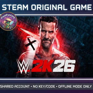 May include: A promotional image for the video game WWE 2K26, featuring a portrait of a man with a beard and a boxing glove. The game's logo, "WWE 2K26," is prominently displayed in red. The words "STEAM ORIGINAL GAME" are at the top.