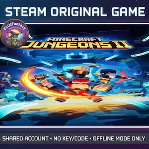 Könnte beinhalten: Ein digitales Spielcover für Minecraft Dungeons II mit blockartigen Charakteren im Kampf und einem gelben Schwertbogen. Der Text lautet STEAM ORIGINAL GAME, SHARED ACCOUNT, NO KEY/CODE, OFFLINE MODE ONLY sowie ein FinalFuntasy-Logo.
