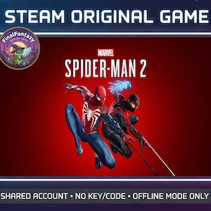 Może przedstawiać: Obraz promocyjny gry "Marvel Spider-Man 2" na czerwonym tle. Obraz przedstawia dwie postacie Spider-Mana w pozach akcji. Tekst "STEAM ORIGINAL GAME" i "MARVEL SPIDER-MAN 2" są wyraźnie widoczne. Logo FinalFuntasy znajduje się w lewym górnym rogu.