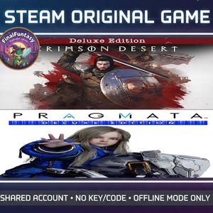 Könnte beinhalten: Werbebild für Steam-Spiele. Die obere Hälfte zeigt "Crimson Desert" mit einer Krieger-Illustration. Die untere Hälfte zeigt "Pragmata" mit einer futuristischen Figur. Text enthält "Steam Original Game" und "Deluxe Edition."