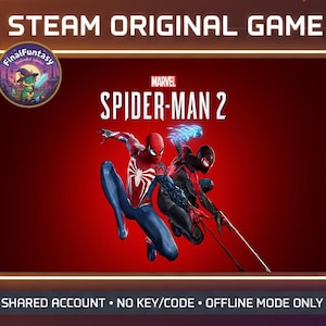 May include: A promotional image for the game "Marvel Spider-Man 2" on a red background. The image features Spider-Man and Miles Morales in action poses. The text "STEAM ORIGINAL GAME" and "MARVEL SPIDER-MAN 2" are displayed. The image also includes the FinalFuntasy logo.
