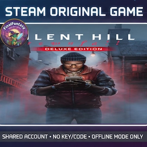 Könnte beinhalten: Ein digitales Spielcover für Silent Hill Deluxe Edition mit einer Person in dunkler Mütze, Brille und roter Weste, die ein Gerät hält. Der Hintergrund zeigt eine neblige, dunkle Straßenszene mit Gebäuden. Text beinhaltet STEAM ORIGINAL GAME.
