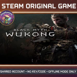 Może przedstawiać: Obraz promocyjny gry "Black Myth: Wukong" na Steam. Obraz zawiera szczegółową ilustrację postaci w bogatej zbroi, z wyraźnie widocznym tytułem gry. Logo Steam i tekst "Steam Original Game" znajdują się u góry.