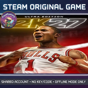 Könnte beinhalten: Ein digitales Spielcover für Steam Original Game Ultra Edition 2K27 mit einem Basketballspieler im weißen Bulls-Trikot mit der Nummer 1. Der Text lautet STEAM ORIGINAL GAME, ULTRA EDITION, 2K27, und SHARED ACCOUNT NO KEY/CODE OFFLINE MODE ONLY.