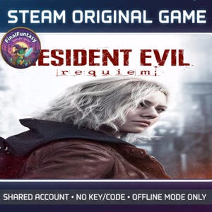 Puede incluir: Una portada de juego digital para Resident Evil Requiem con una persona de pelo blanco corto que lleva una chaqueta oscura. El texto dice STEAM ORIGINAL GAME arriba y SHARED ACCOUNT NO KEY/CODE OFFLINE MODE ONLY abajo.