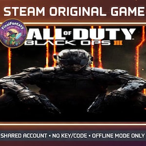 May include: A promotional image for the video game "Call of Duty: Black Ops III" on Steam. The image features a futuristic soldier in a dark, armored suit. The game's title is prominently displayed, along with the Steam logo and text indicating a shared account.