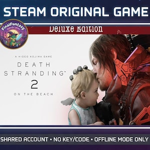 May include: A promotional image for the game Death Stranding 2, featuring a man kissing a baby. The game title and "Deluxe Edition" are displayed at the top. The image includes the text "STEAM ORIGINAL GAME" and "ON THE BEACH".