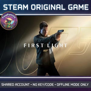 Może przedstawiać: Obraz promocyjny gry Steam zatytułowanej "First Light". Obraz przedstawia mężczyznę trzymającego broń, z tekstem "First Light" i "007" nałożonymi. Górny baner głosi "STEAM ORIGINAL GAME".