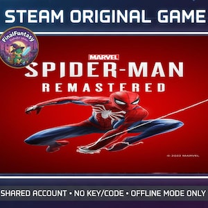 Op de afbeelding: Een digitale gamecover voor Marvel Spider-Man Remastered met het personage in een rood en blauw pak op een rode achtergrond. Tekst bevat STEAM ORIGINAL GAME, MARVEL SPIDER-MAN REMASTERED, 2022 MARVEL, SHARED ACCOUNT NO KEY/CODE OFFLINE MODE ONLY.