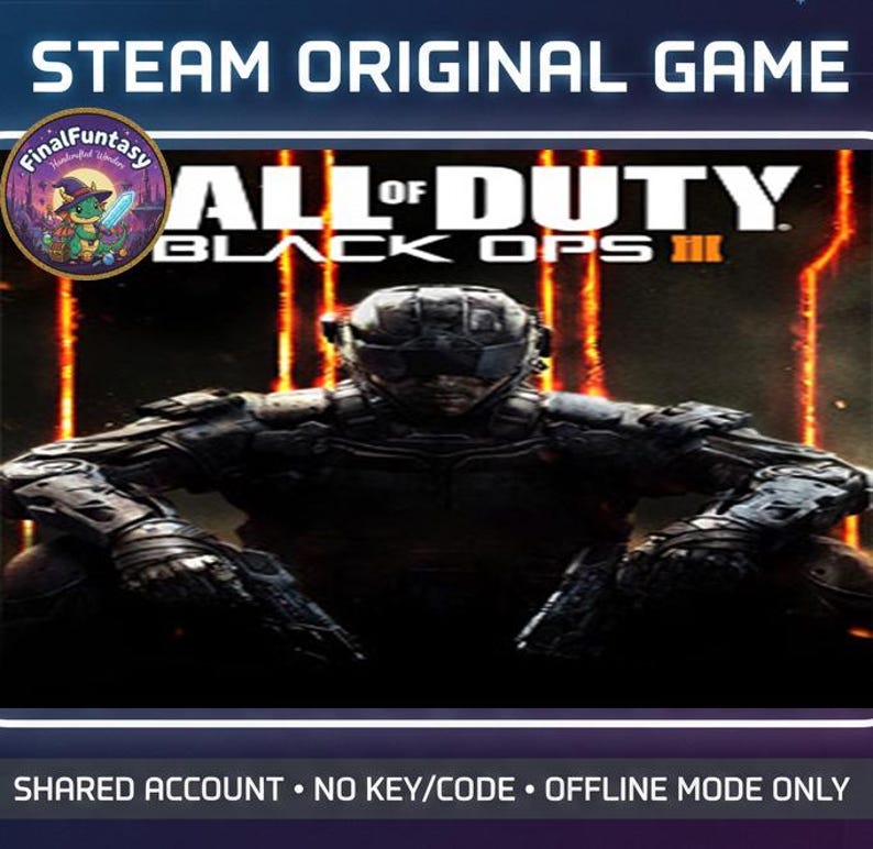 May include: Promotional image for "Call of Duty: Black Ops III" on Steam. The image shows a futuristic soldier in a dark setting. The game title is displayed prominently, along with the Steam logo and the text "Steam Original Game".