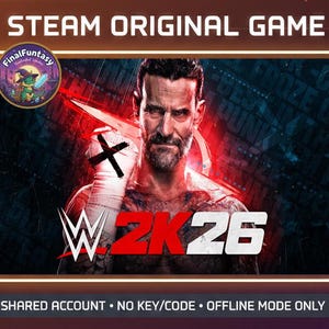 Puede incluir: Imagen promocional de un juego original de Steam, con un retrato de un hombre con barba y el texto "WWE 2K26" en rojo y blanco. La imagen incluye el logotipo de la WWE y el texto "STEAM ORIGINAL GAME".