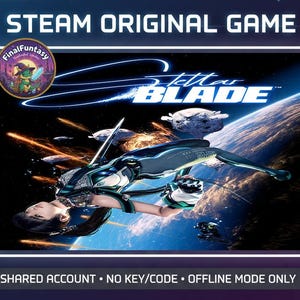 Könnte beinhalten: Werbebild für das Spiel Stellar Blade, mit einer futuristischen weiblichen Figur in einem eleganten, dunkel gefärbten Anzug, vor dem Hintergrund von Weltraum und Planeten. Das Spiel-Logo und die Worte "STEAM ORIGINAL GAME" sind oben zu sehen.