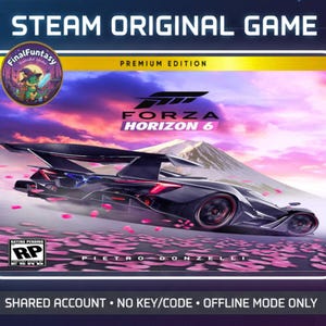 Könnte beinhalten: Werbebild für das Spiel Forza Horizon 6, mit einem eleganten schwarzen Sportwagen mit roten Akzenten. Das Logo des Spiels ist deutlich sichtbar, zusammen mit dem Text "STEAM ORIGINAL GAME" und "PREMIUM EDITION".