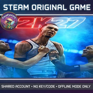 Può includere: Una copertina di gioco digitale per Steam Original Game 2K27 con un giocatore di basket centrale in maglia bianca e altri due giocatori ai lati. Lo sfondo è diviso tra luce rossa e blu. Testo: SHARED ACCOUNT, NO KEY/CODE, OFFLINE MODE ONLY.