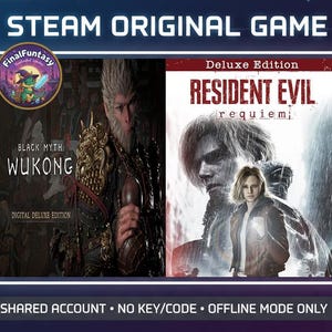 Könnte beinhalten: Ein digitales Spielangebot mit "Black Myth: Wukong" und "Resident Evil: Requiem" Deluxe Edition. Das Bild enthält das Steam-Logo und den Text: "STEAM ORIGINAL GAME". Das Angebot besagt auch "SHARED ACCOUNT • NO KEY/CODE • OFFLINE MODE ONLY".