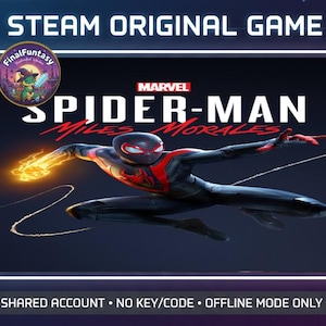 Può includere: Una copertina di gioco digitale per Marvel Spider-Man Miles Morales con il personaggio in un costume nero e rosso con elettricità gialla sulla mano destra. Il testo recita STEAM ORIGINAL GAME, SHARED ACCOUNT, NO KEY/CODE, OFFLINE MODE ONLY.