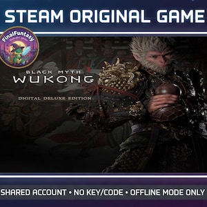 Może przedstawiać: Obraz promocyjny gry "Black Myth: Wukong" na Steam. Obraz zawiera szczegółową ilustrację postaci w bogatej zbroi. Tytuł gry jest wyraźnie wyświetlony, wraz z etykietą "Digital Deluxe Edition". Widoczne jest również logo FinalFuntasy.