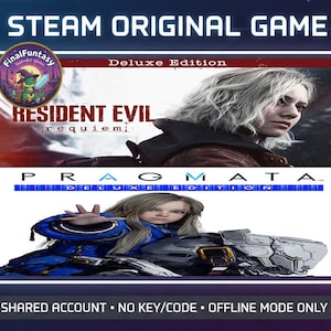 May include: A promotional image for Steam games, featuring the titles "Resident Evil Requiem" and "Pragmata Deluxe Edition." The image includes character portraits and game logos, with text indicating a shared account and offline mode.