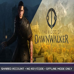 Könnte beinhalten: Eine digitale Werbegrafik für The Blood of Dawnwalker mit einer dunkelhaarigen Figur in Schuppenpanzerung und einem vernarbten Arm vor einer Schloss- und Berglandschaft. Der Text lautet The Blood of Dawnwalker, Shared Account, No Key/Code, Offline Mode Only.