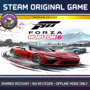 Könnte beinhalten: Werbebild für Forza Horizon 6, das ein rotes Sportauto auf einer Rennstrecke zeigt. Das Logo und der Titel des Spiels sind deutlich zu sehen, zusammen mit dem Text "STEAM ORIGINAL GAME" und "PREMIUM EDITION". Ein Final Fantasy Logo ist ebenfalls vorhanden.