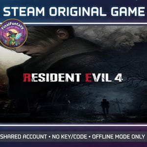 May include: A promotional image for the video game "Resident Evil 4" on Steam. The game's title is prominently displayed in white and red, with a dark, atmospheric background. The image includes the text "STEAM ORIGINAL GAME" and a logo for FinalFuntasy.
