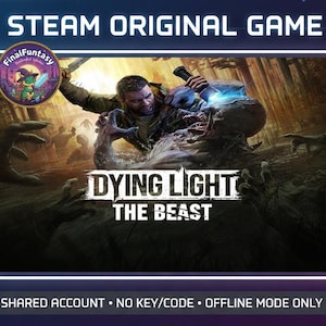 Może przedstawiać: Cyfrowa okładka gry "Dying Light: The Beast" na Steam. Grafika przedstawia mężczyznę walczącego z istotą podobną do zombie. Tytuł gry jest wyraźnie widoczny, z logo Steam i logo "FinalFuntasy" w lewym górnym rogu.