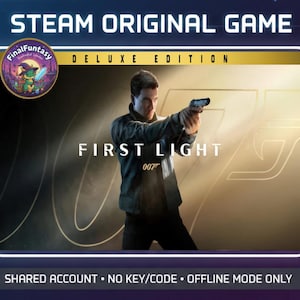 Może przedstawiać: Obraz promocyjny dla gry Steam Original "First Light". Obraz przedstawia mężczyznę trzymającego broń, z wyraźnie widocznym tytułem gry. Słowa "Deluxe Edition" znajdują się nad tytułem, a logo "FinalFuntasy" w lewym górnym rogu.
