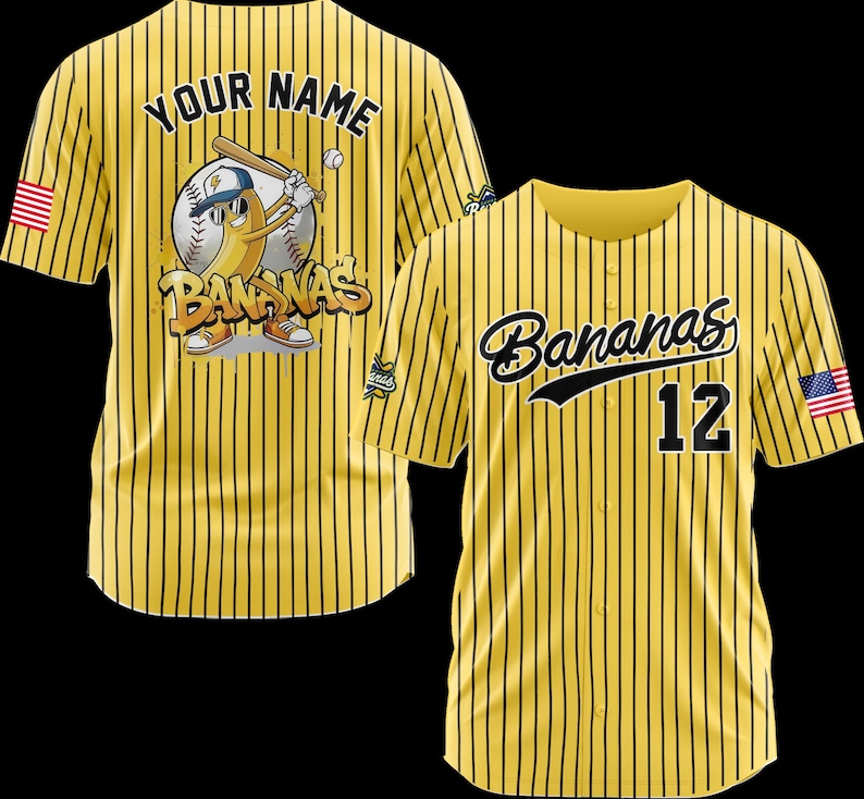 May include: Yellow baseball jersey with black pinstripes. The jersey features the word "Bananas" in script on the front, along with the number 12. The back has a cartoon banana character with a baseball bat and the text "Your Name".