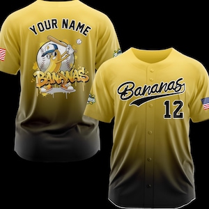 May include: Yellow and black baseball jersey with the word "Bananas" in black script across the chest and the number 12. The back of the jersey has a cartoon banana character with a baseball bat and the words "Your Name".