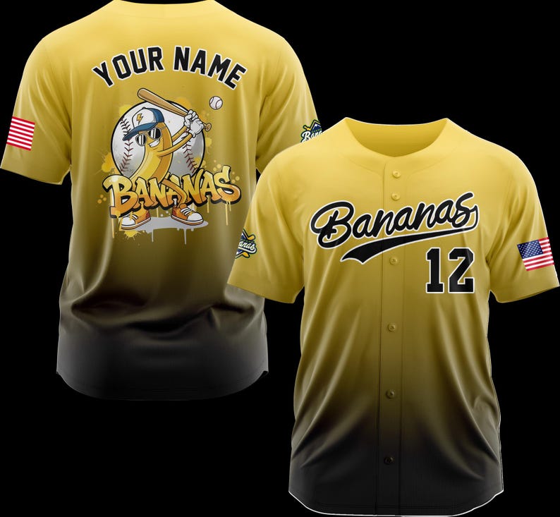 May include: Yellow and black baseball jersey with the word "Bananas" in black script across the chest and the number 12. The back of the jersey has a cartoon banana character with a baseball bat and the words "Your Name".