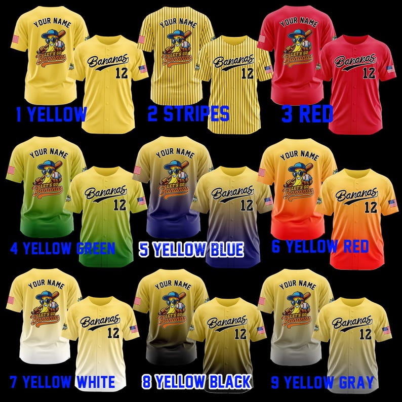 Puede incluir: Una colecci&oacute;n de camisetas de b&eacute;isbol en varios colores, incluyendo amarillo, rojo y negro. Cada camiseta presenta el texto "Bananas 12" y un personaje de pl&aacute;tano de dibujos animados con un bate de b&eacute;isbol. Las camisetas se muestran con el texto "YOUR NAME" en la parte superior.