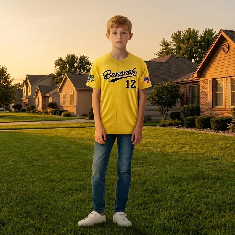 May include: A young person wearing a yellow baseball jersey with the word "Bananas" in black script and the number "12". The jersey has a small American flag on the sleeve. The person is wearing blue jeans and white sneakers, standing on a green lawn.