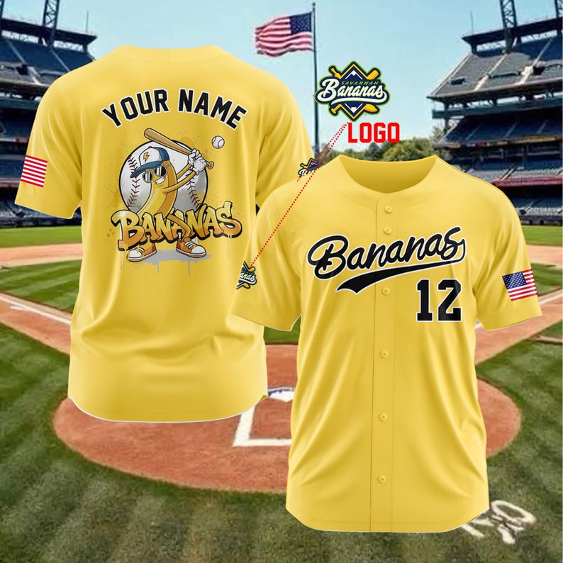 Personalized Savannah Bananas Baseball Jersey, Custom Team Name Number, Recycled Polyester image 1