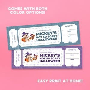 May include: Two Halloween tickets with the text "Mickey's Not So Scary Halloween". The tickets feature cartoon squirrels in witch hats and pumpkins. One ticket is blue, the other is purple. Text on the tickets includes "Admit One" and "Gifted To:"