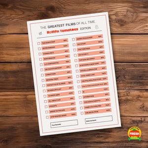 May include: A white paper with a red border lists "The Greatest Films of All Time" from Rotten Tomatoes. The list includes films like "The Godfather," "Toy Story," and "Casablanca," with check boxes and percentage scores.