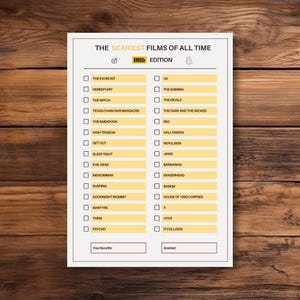 May include: A white checklist titled "THE SCARIEST FILMS OF ALL TIME" with a list of horror films, including "The Exorcist" and "The Shining." The checklist has check boxes and spaces for "Your favourite" and "Scariest."