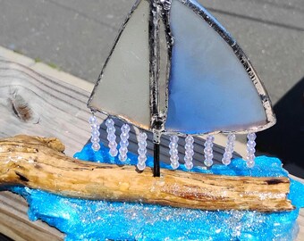 Handmade Stained Glass Sailboat on Driftwood – Sea Glass Style with Resin Waves