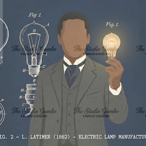 May include: Illustration of a man in a suit holding a lit lightbulb, with detailed diagrams of lightbulbs in the background. The image includes the text "FIG. 2 - L. LATIMER (1882) - ELECTRIC LAMP MANUFACTURE" and "Fig. 1."