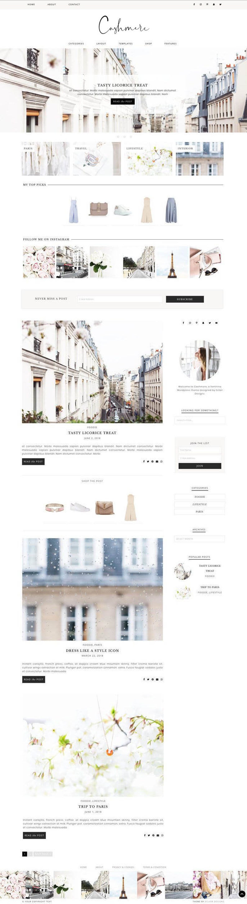 Wordpress Genesis Theme Photography Fashion /& Lifestyle Blogs Wordpress theme Cashmere