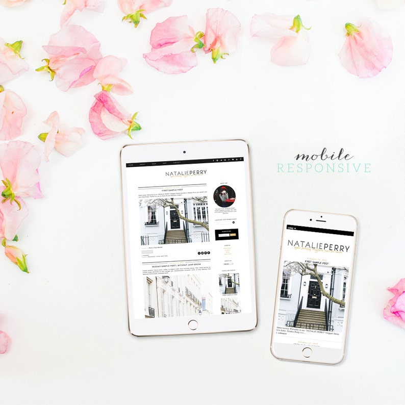 Blogger Template Premade Blog Theme Design Natalie Perry black and gold Instant Digital Download