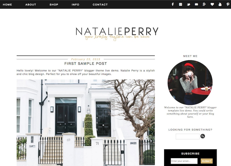 Blogger Template Premade Blog Theme Design Natalie Perry black and gold Instant Digital Download