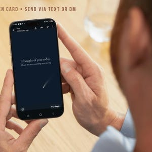 May include: A smartphone displaying a dark interface with the text I thought of you today. Mostly because something went wrong and a small white comet graphic. The screen shows standard mobile messaging icons at the top and bottom of the display.