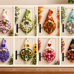 Peut inclure: Une collection de huit décorations murales en forme de gnome, chacune dotée d'un bonnet en crochet et d'une barbe composée d'éléments saisonniers variés tels que des fleurs, des feuilles, des tournesols, des cœurs, des citrouilles et des coquillages.