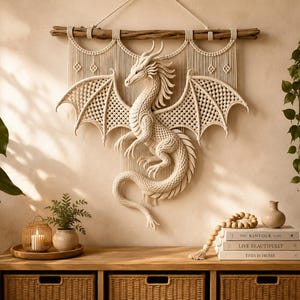 May include: A cream-colored macrame wall hanging featuring a detailed dragon design with spread wings and a long tail, suspended from a natural wooden branch. The intricate knotted cord work creates a textured, three-dimensional dragon figure.