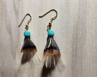 Rustic Earrings Wild Turkey Feather and Turquoise Glass Bead