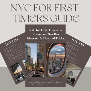 以下が含まれることがあります： 「NYC for First-Timers Guide」というタイトルの旅行ガイド。3〜5日間のストレスフリーな旅程が掲載されています。ガイドには、飛行機の窓からの眺めなど、ニューヨーク市の写真が含まれています。「everything you need to know」というテキストも表示されています。