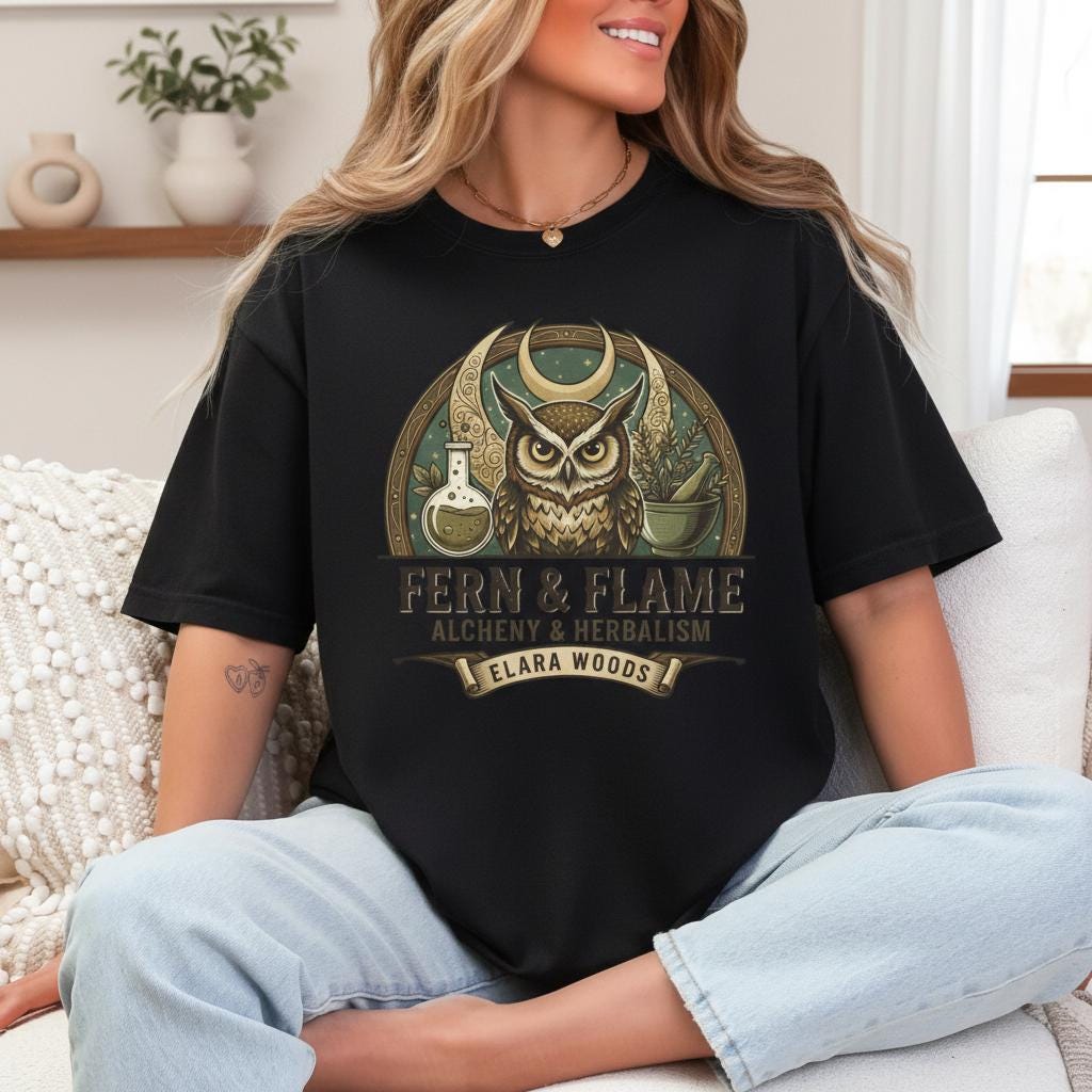 Witchy Owl T-Shirt &ndash; Fern & Flame Alchemy, Cottagecore Mystic Tee