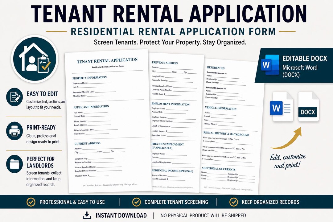 Tenant Rental Application | Editable DOCX Landlord Form | Rental ...